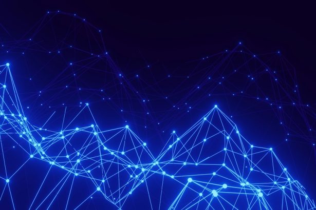 Abstract blue network of connected points illustrating digital marketing campaign attribution